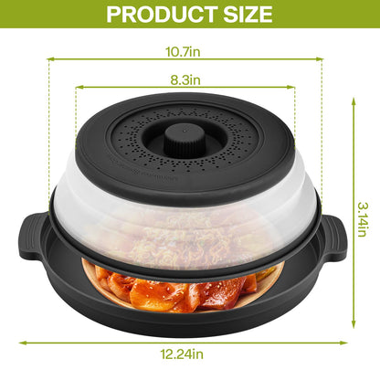 Microwave Splatter Cover for Food with Anti-scald Base Plate,Large Plastic & Silicone Vented Avoid Scalding Collapsible Guard Lid, Plate Holder & Kitchen Colander for Meal Prep-10.7 Inch (gray)