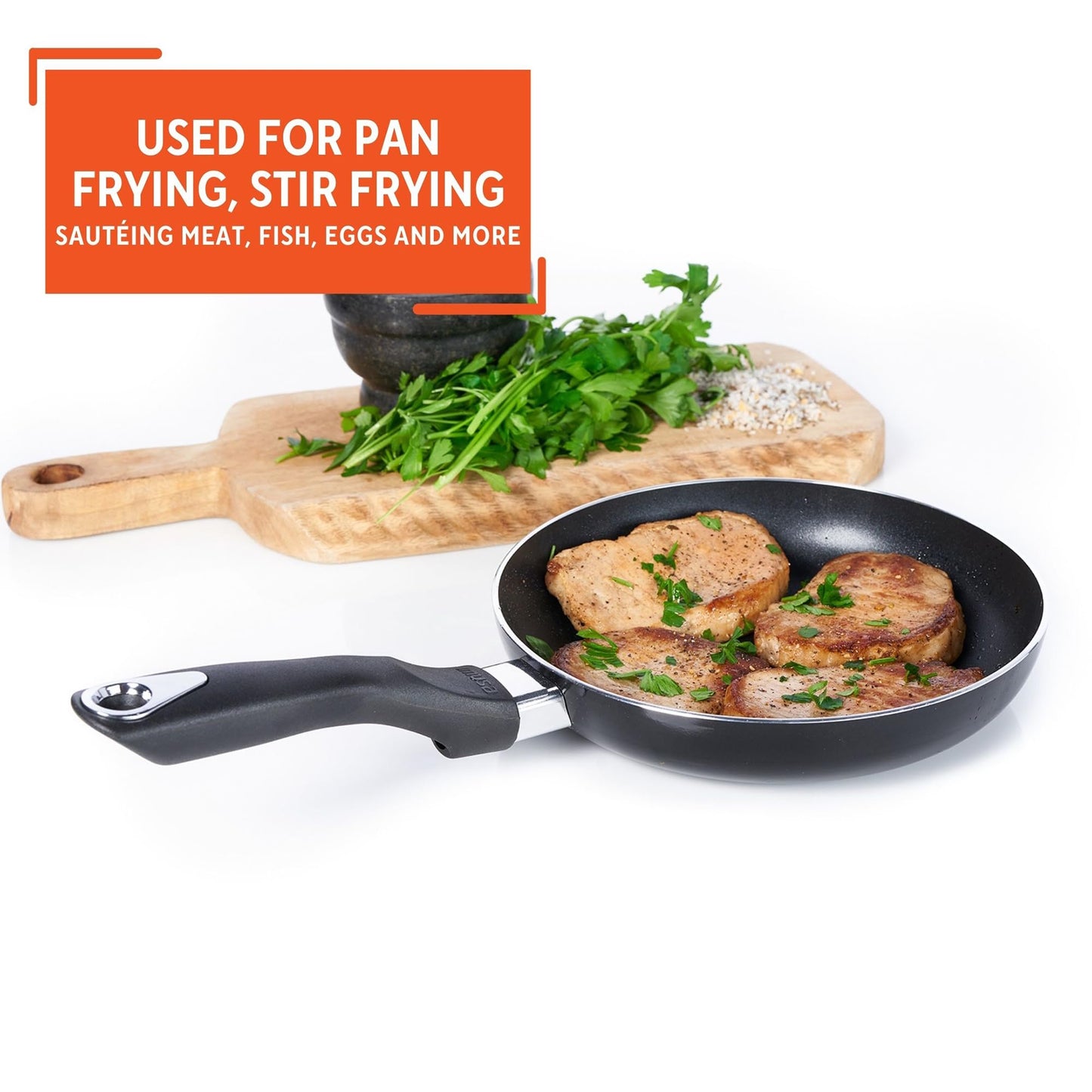 IMUSA 8in Bistro Aluminum Nonstick Fry Pan with Cool Touch Handle, Small Skillet for Eggs, Omelets, Sauteing, and Everyday Cooking, Black