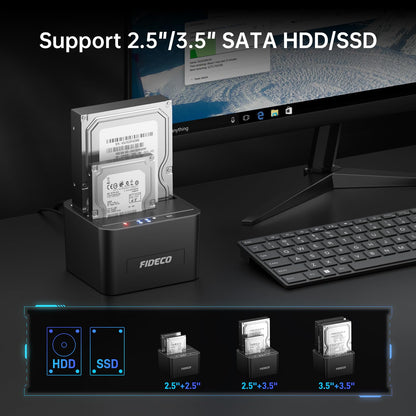 FIDECO External Hard Drive Docking Station, Hard Drive Dock for 2.5 and 3.5 inch SATA HDD SSD, HDD Docking Station with Dual Bay, USB 3.0 Hard Drive Reader, Support Offline Clone and UASP
