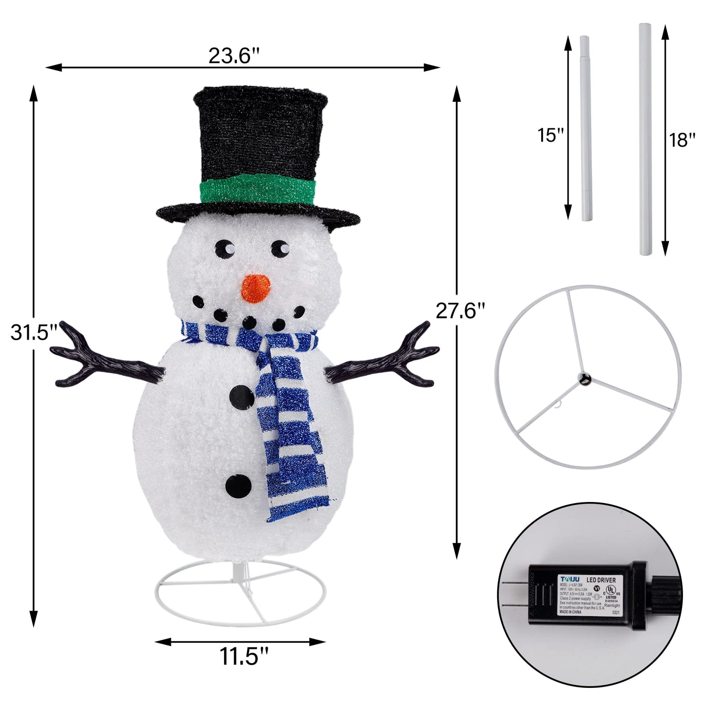 Dynaming 31.5 Inch Lighted Snowman Christmas Decorations, 45 LED Pre-Lit Light up Snowman with Top Hat, Collapsible Pop up Snowman for Outdoor Indoor Home Yard Garden Lawn Holiday Xmas Party