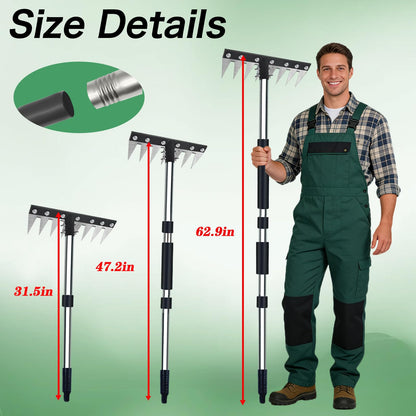 Upgraded 8 Tines Stainless Steel Weeding Tool, Thickened Version Manual Weeder Rake, Weeder Rakes with Adjustable Length Handle, Garden Weed Puller Tool for Weeding Loosen The Soil and Collect Fallen