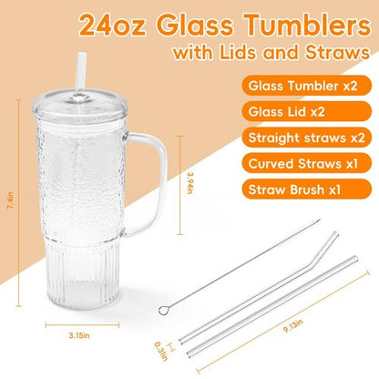 GOSCHE Glass Cups with Lids and Straws, 24oz Clear Iced Coffee Cups with Handle, Glass Tumbler with Straw and Lid for Smoothie Water Tea Juice, Clear, 2 Pack