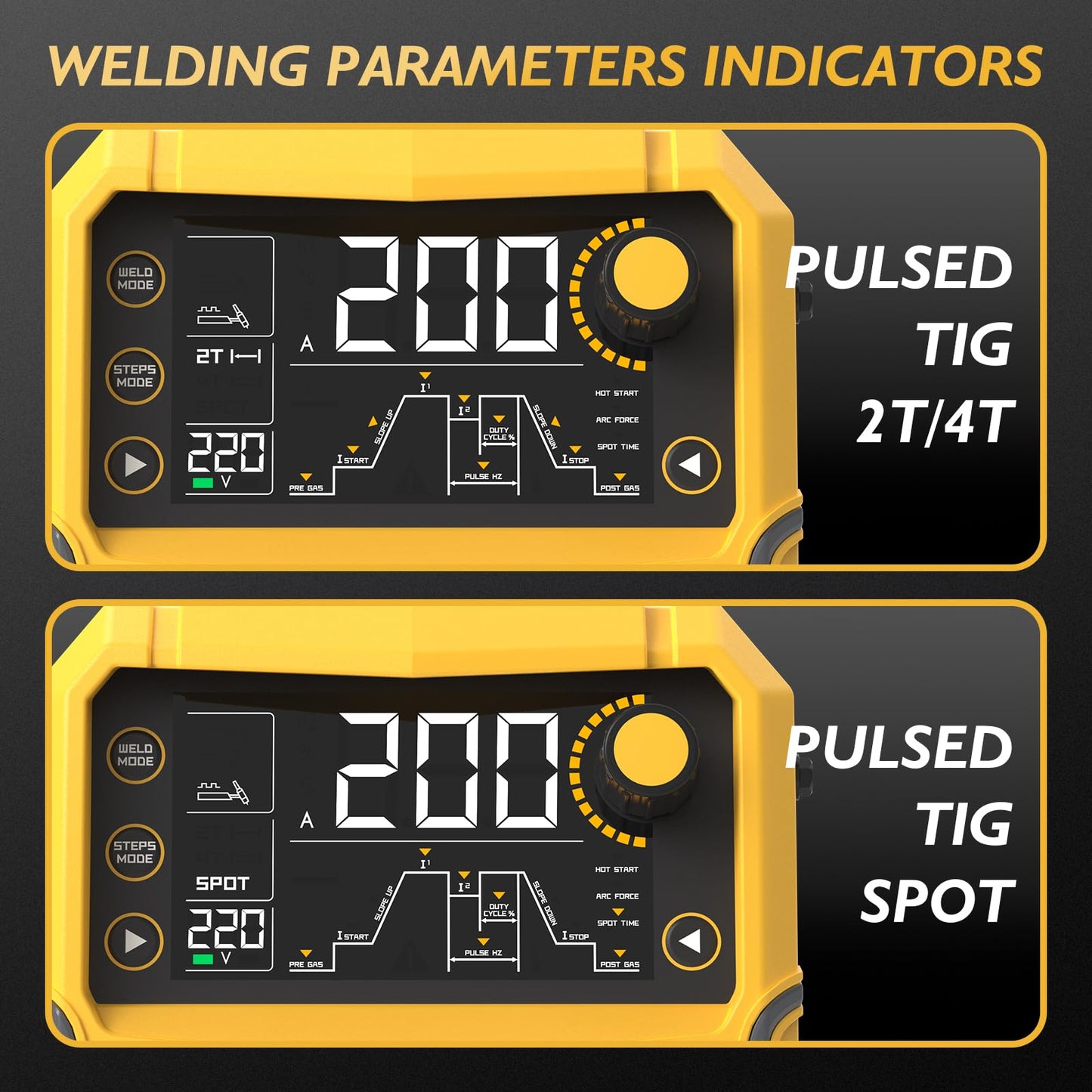 TOOLIOM 200A TIG Welder with Pulse, 4 in 1 Multifunctional TIG Welding Machine DC TIG/Spot TIG/Pulse TIG/Stick 110&220V Dual Voltage with Large Digital Display