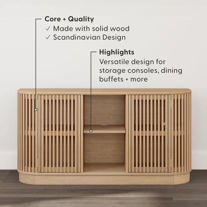 Plank+Beam Contour Wood TV Stand, Two Door Solid Wood Entertainment Console with Storage, 59" L x 16" W x 30" H, Blonde