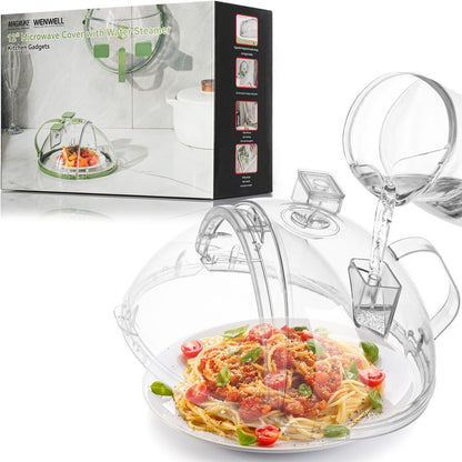 WENWELL Microwave Cover with Water Steamer & Tray,Food Protector Splatter Guard,Dish Bowl Plate Serving Lid with Handle,10 Inches,BPA-Free,Clear Plastic