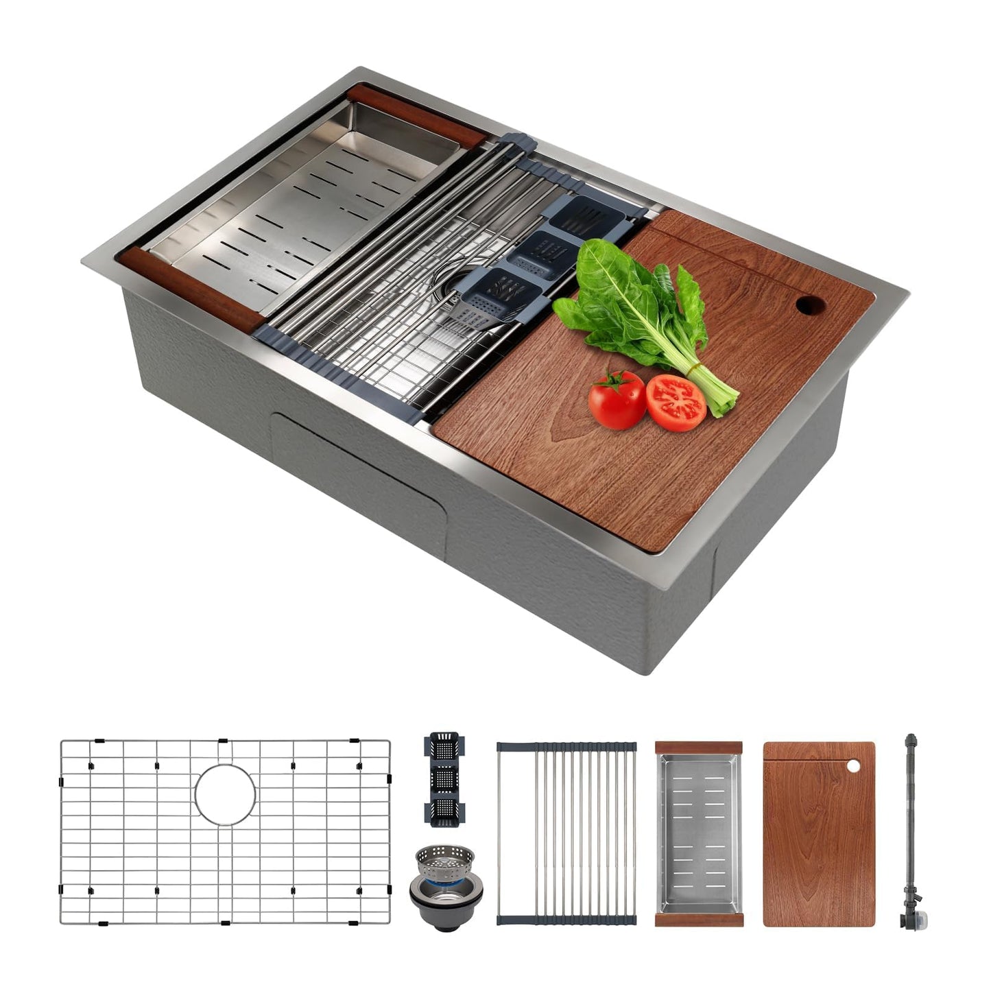 SANYCASA 30 Inch Undermount Kitchen Sink Superior Drain Kitchen Sinks 11 Gauge (3mm) Stainless Steel, Single Bowl Integrated Ledge Multifunctional Workstation Set -