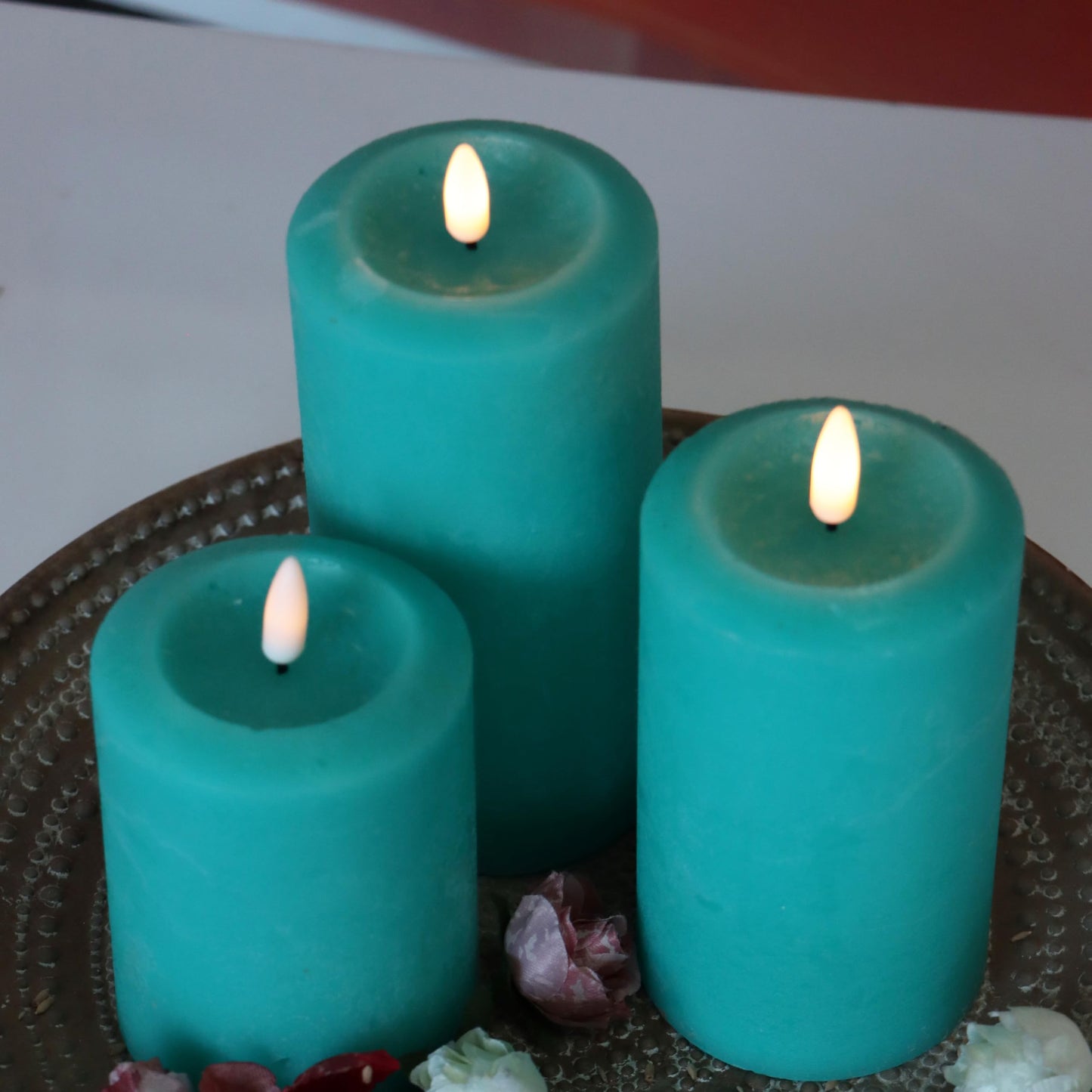 CANDLE CHOICE Real Wax Battery Operated Flameless Candles with Remote Automatic Timer Realistic Flickering Electric LED Pillars Wedding Party Holiday Decorations 3 Pack Rustic Texture Peacock Blue