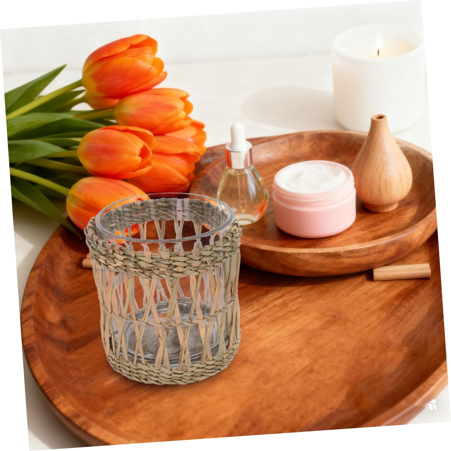 INOOMP Glass Candle Holder with Straw Woven Sleeve, Elegant Tea Light Candleholders for Desktop and Banquets, Aromatherapy and Home Decor, Party and Wedding Table Centerpiece