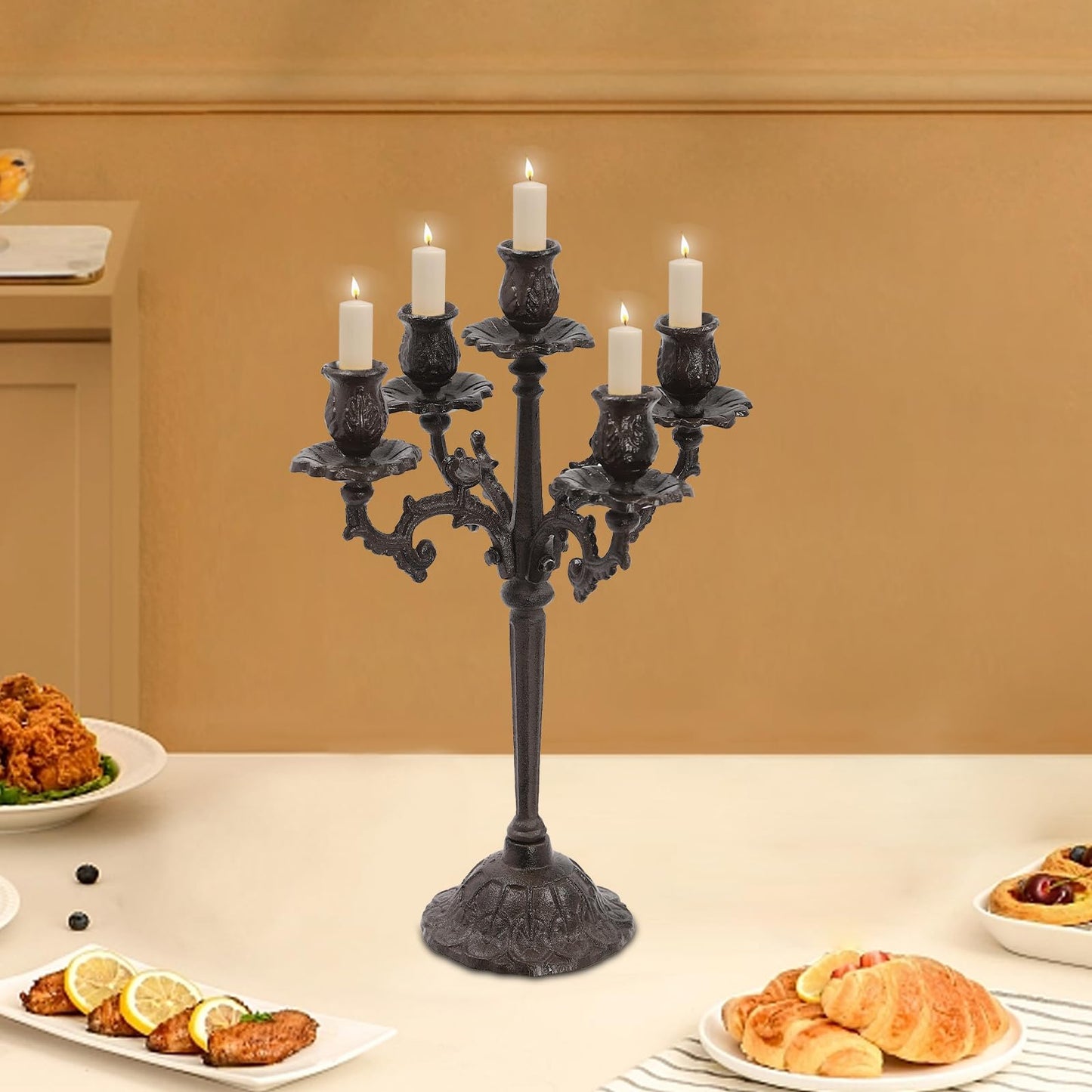 5-Arm Candle Holder, Vintage Candle Holder Set with Scroll Arms, Aged Iron Candelabra with 5-Inch Base, Romantic Table Centerpiece for Wedding, Birthdays, Anniversaries, Christmas, Valentine's Day