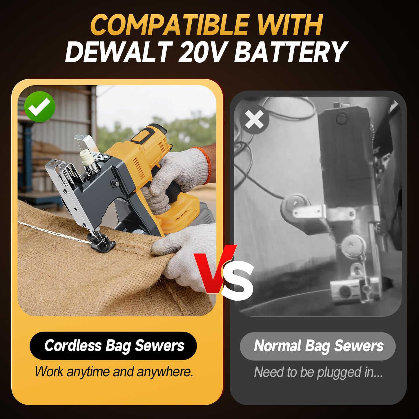 CAMXTOOL Cordless Bag Sewing Machine Compatible with Dewalt 20V Max Battery, Auto Heavy-duty Bag Closing Machine, Portable Industrial Bag Sewer for Sack Woven Bag Kraft Paper Bag Sealing, Tool Only