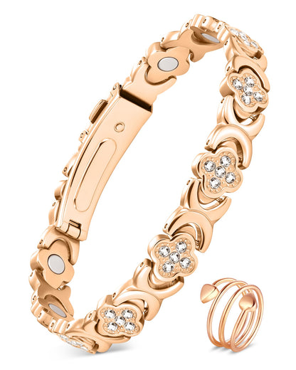 Feraco Pure Copper Bracelets & Rings for Women, Ultra Strength Magnetic Bracelet for Women with Neodymium Magnets & Sparkling Cubic Zirconia, Adjustable, Infinite Clover Jewelry (Rose Gold)
