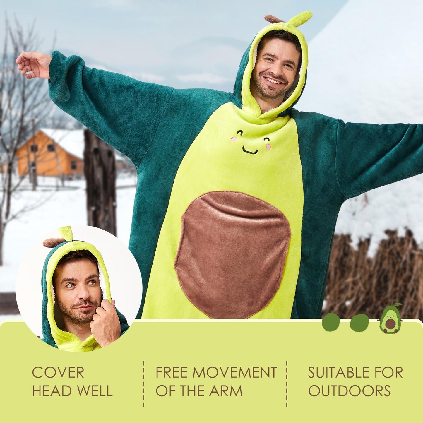 BRAFFWNE Avocado Blanket Hooded, Oversized Wearable Blanket Hoodie, Coverage with Easy Movement, Warm and Cozy Flannel Blanket, Gift for Kid, Teens, Men and Women