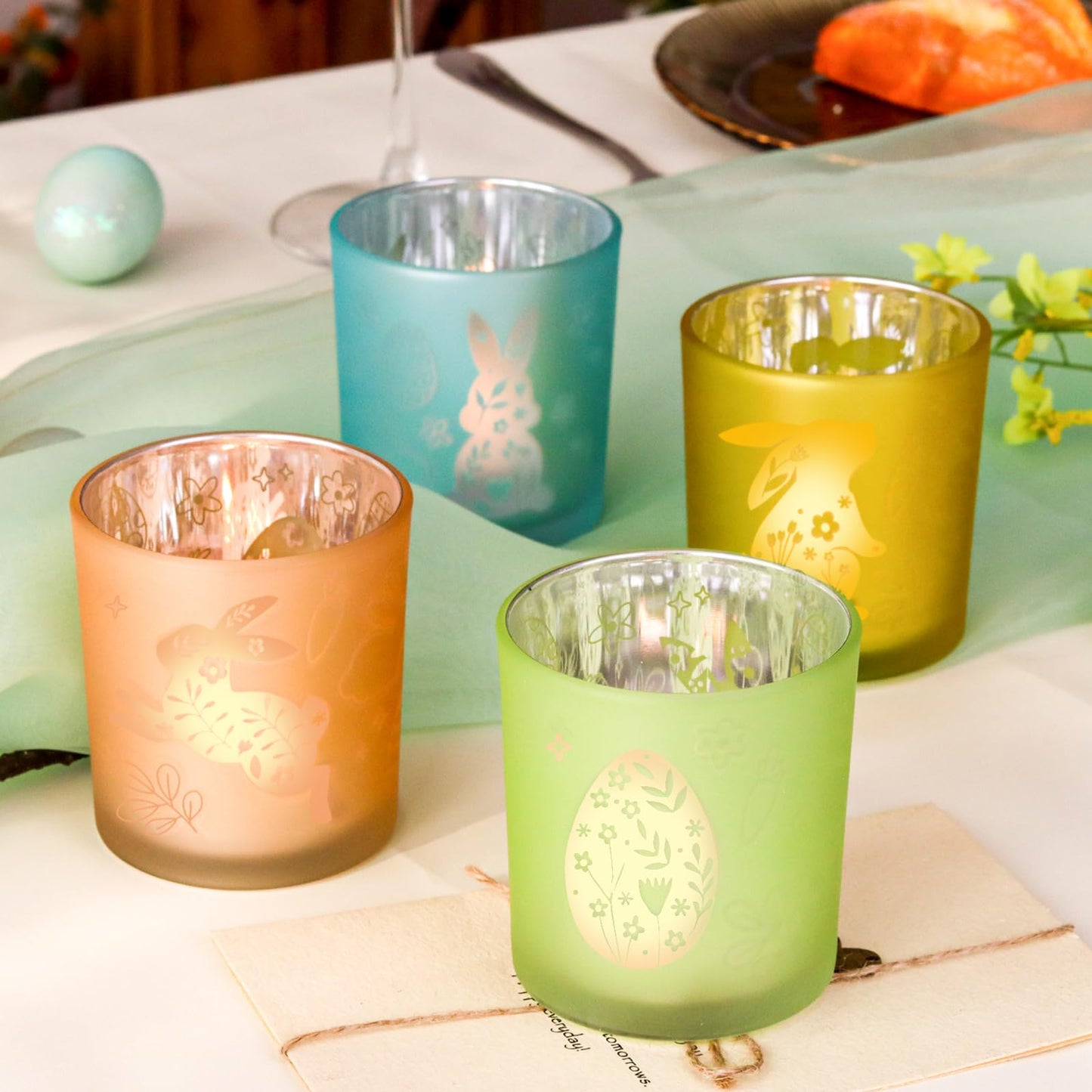SHMILMH Easter Candle Holders Set of 4 Frosted Glass Votive Tealight Holders Engraved with Bunny Egg Easter Decorations Home Decor Table Centerpiece Gift for Women