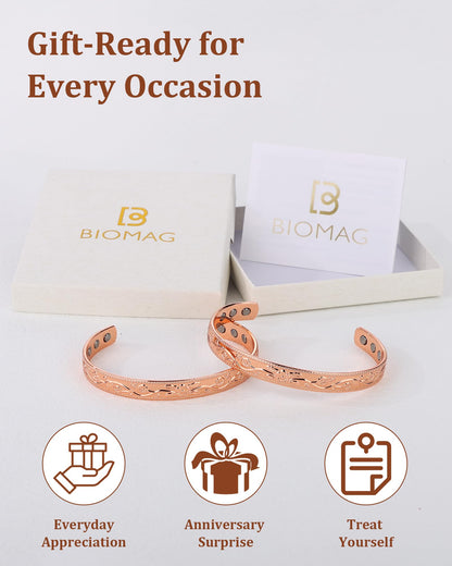 BioMag 2 Pcs Magnetic Copper Bracelet for Women, 99.99% Pure Copper Cuff Bangle with 6 Pcs 3500 Gauss Magnets, Adjustable Size, Floral Vine Design