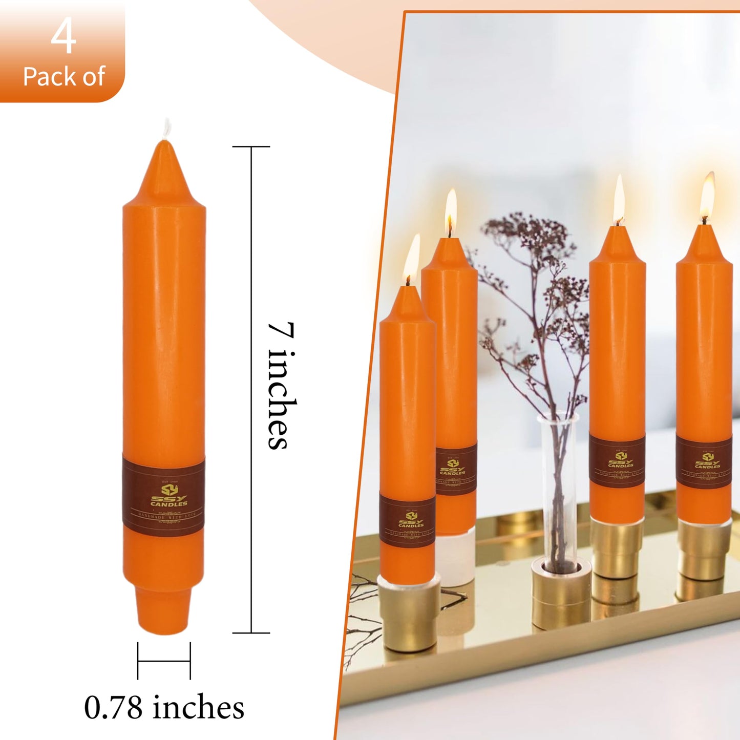 Short Orange Chunky Taper Candles 7 Inch Set of 4 Candlesticks Fat Candles Handmade Clean Burning Unscented Candles for Dinner Country Farmhouse Bedroom Meditation Wedding Home Decor Sanctuary