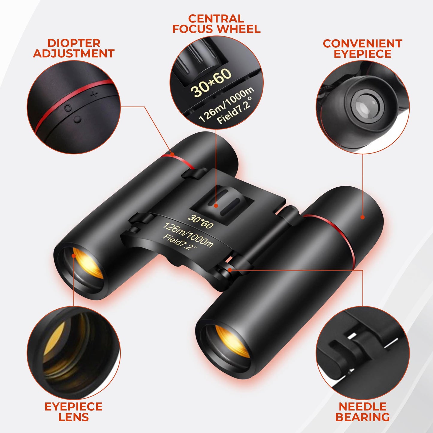 30x60 Travel Binoculars for Bird Watching – Small Binoculars for Adults with 126M/1000M Wide Field of View, 7.2° Angle & Storage Bag – Designed for Hiking, Birdwatching, and Outdoor Adventures