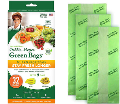 Debbie Meyer, GreenBags 20-Pack (8M, 8L, 4XL) | Reusable Storage Bags Keeps Fruit, Vegetables, Produce, Cut Flowers Fresh Longer, Kitchen & Fridge Preservation Solution, BPA Free, Made in the USA