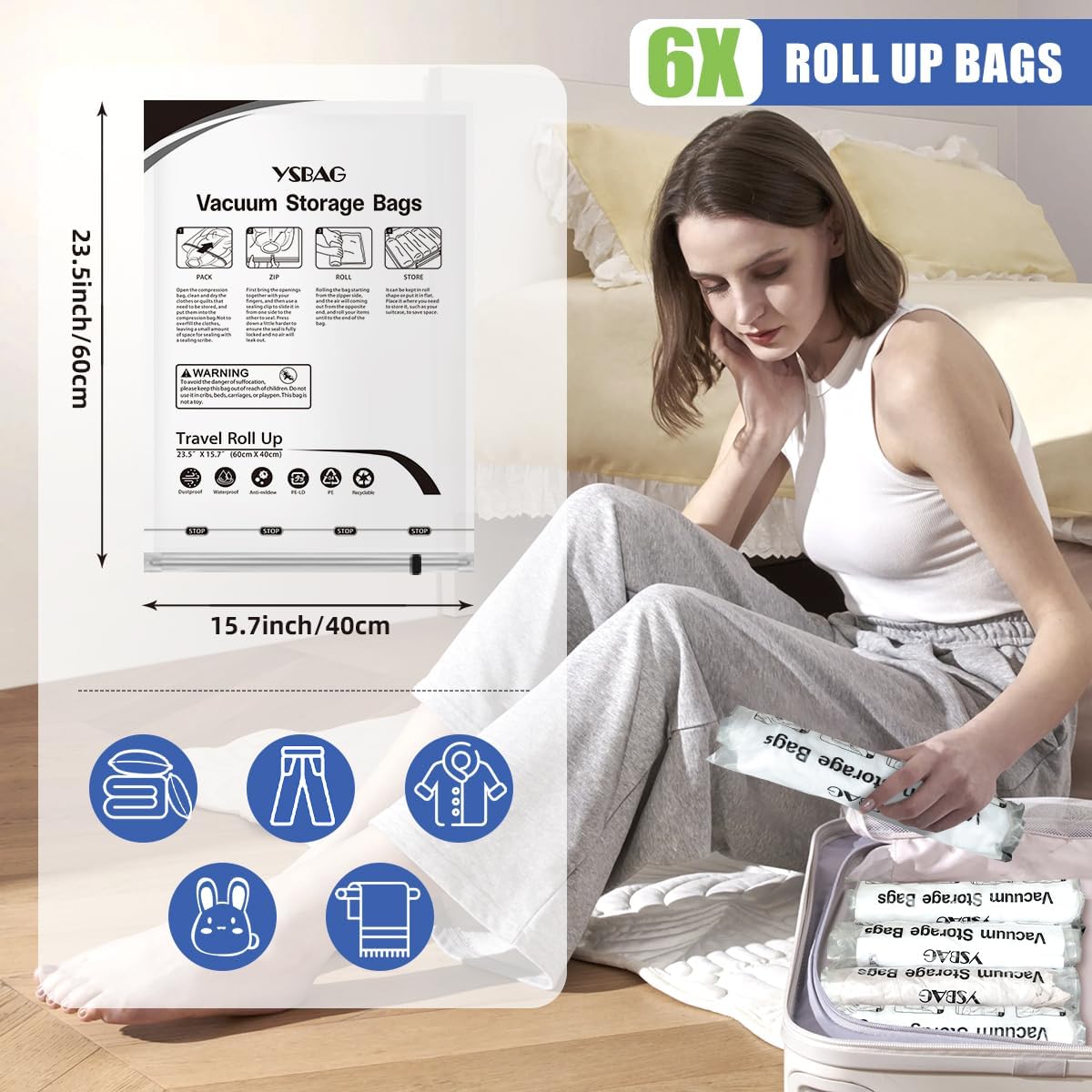 Seal Bags for Clothing- Roll Up Compression Storage Bags, Space Saver Shrink Organisers for Travel Luggage Clothes Blankets Comforters (6 Small)