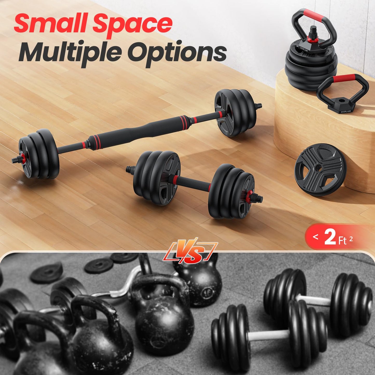 FITPLAM Adjustable dumbbell set, 45lbs Free Weights set with upgraded nut, 4 in 1 Weight Set Used as Kettlebells, Barbell, Push up Stand, Fitness Exercise for Home Gym Suitable Men/Women, BLACK