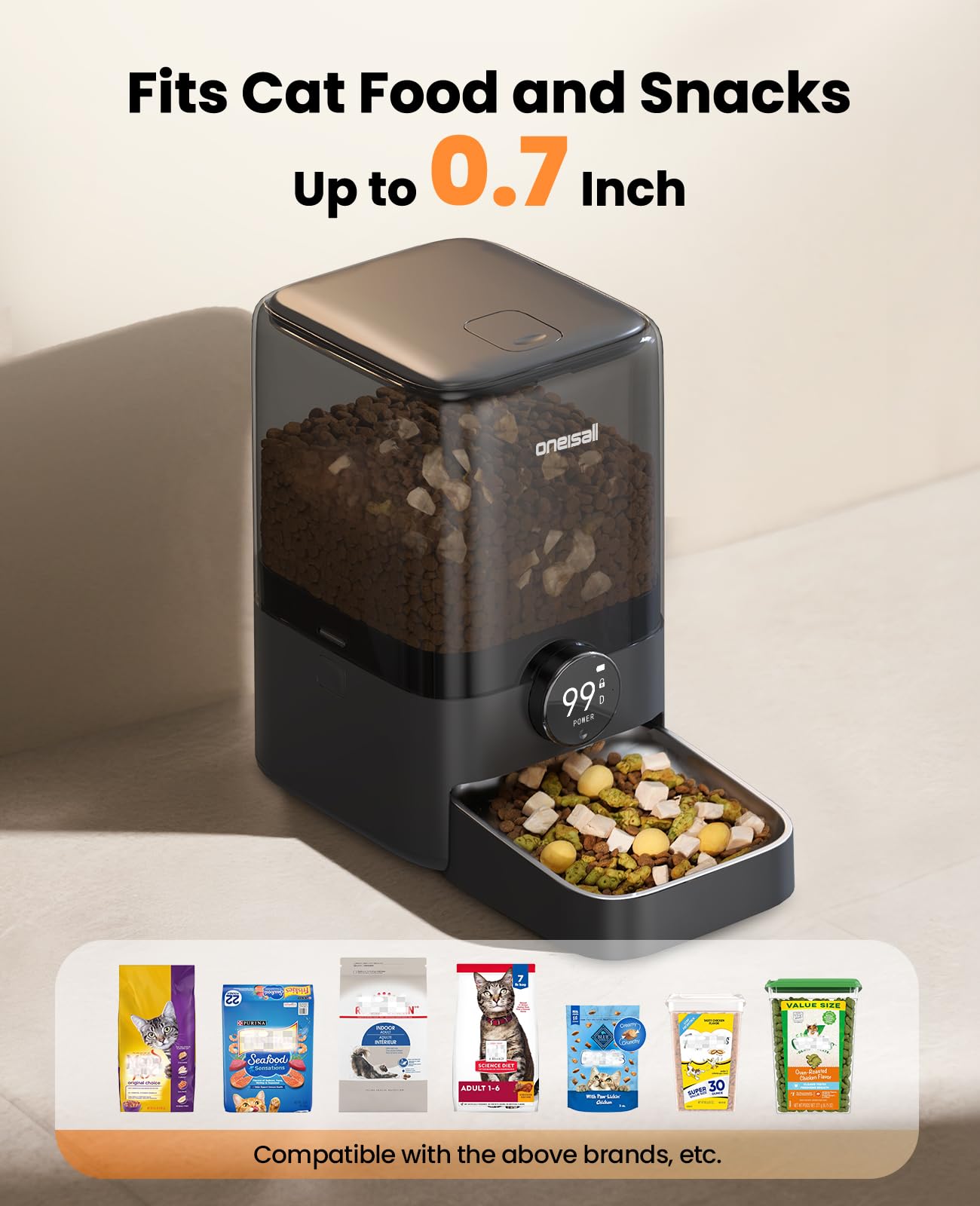 oneisall Cordless WiFi Automatic Cat Feeder, Rechargeable 100-Day Battery Operated Pet Feeder, 20 Cups/5L Timed Cat Food Dispenser for Large Kibble, Smart App Control (Black)
