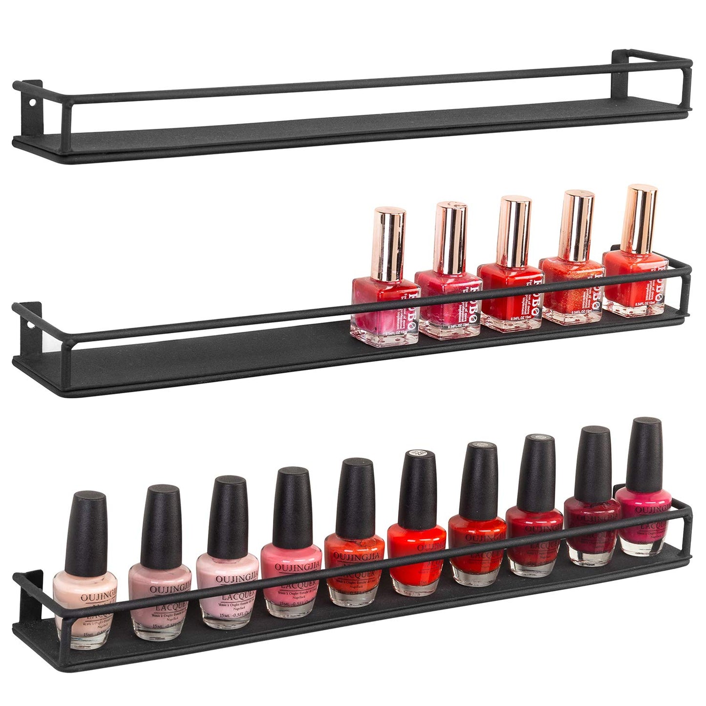 MyGift 16 Inch Wall Mounted Black Metal Nail Polish and Essential Oil Display Shelves, Kitchen Hanging Racks for Seasoning Shakers or Spice Jars, Set of 5