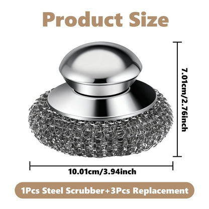 Steel Wool Scrubber, 4-Pack Stainless Steel Scrubber Pads with Handle - The Ultimate Scouring Solution for Rust, Stubborn Messes on Cookware, Grill, Oven & Kitchen Sinks