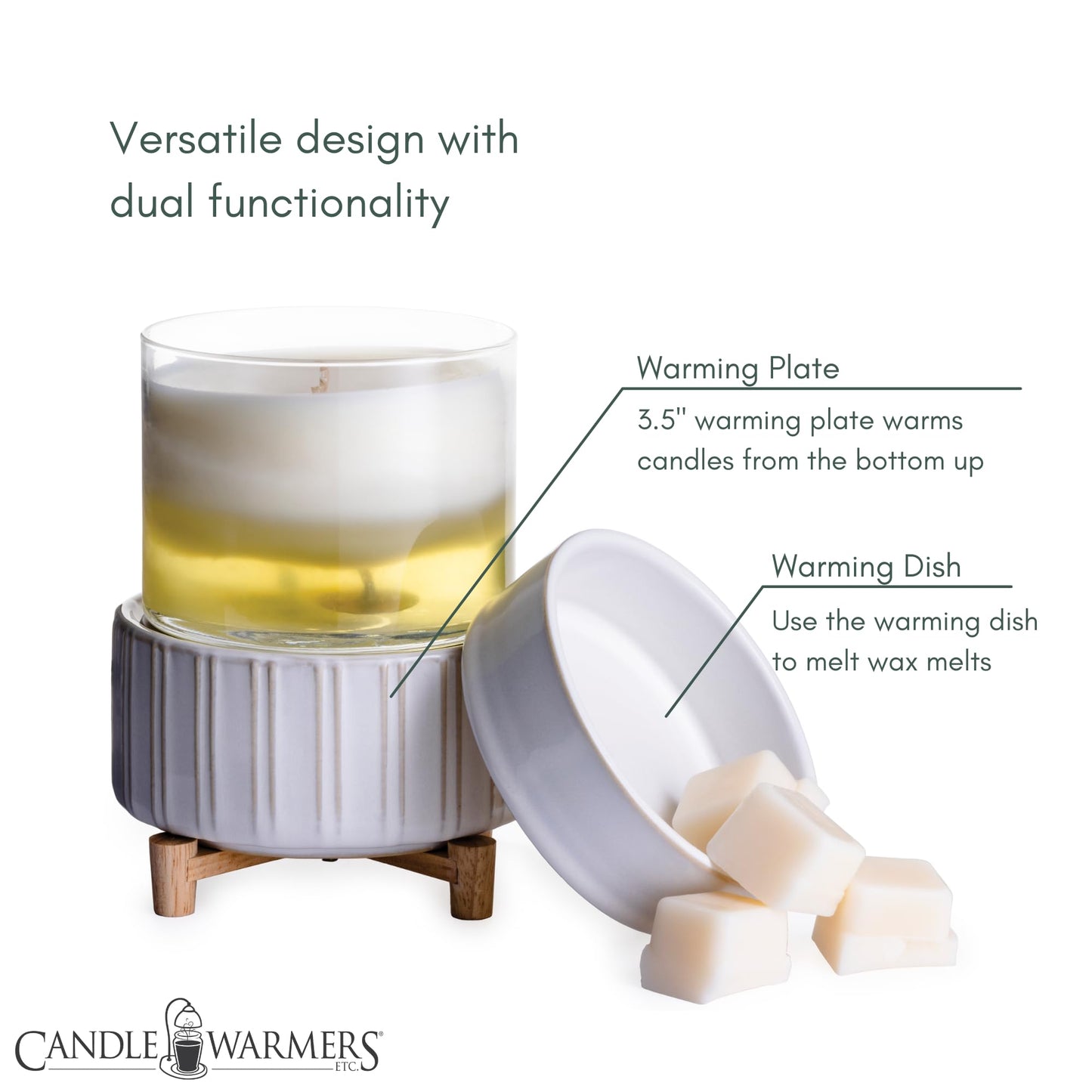 Candle Warmers ETC 2-in-1 Candle and Fragrance Warmer for Warming Scented Candles or Wax Melts and Tarts with to Freshen Room, Ceramic and Wood