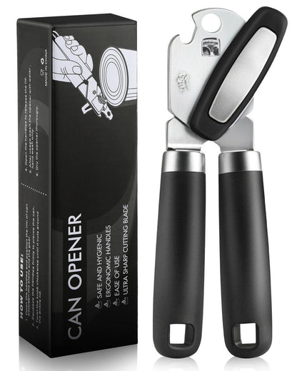 Multifunctional Can Opener Manual, Durable Heavy Duty Handheld Strong Can Opener with Smooth Cutting Edge, Friendly Kitchen Essentials Tool for Seniors, Camping and Bottle Opening-Black