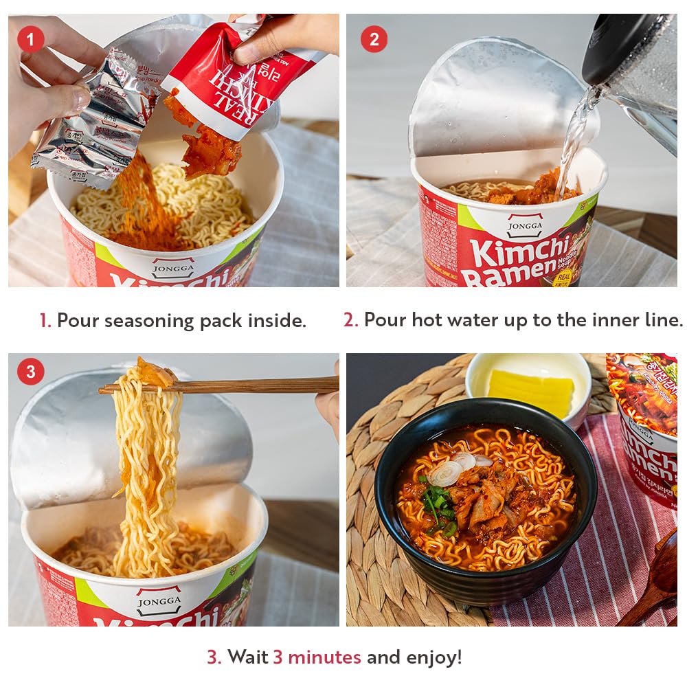 JONGGA Kimchi Ramen with Real Kimchi 4.9 oz Pack of 6, Korean Instant Hot and Spicy Noodle Soup, Authentic Savory Ramen Bowl, Quick and Convenient