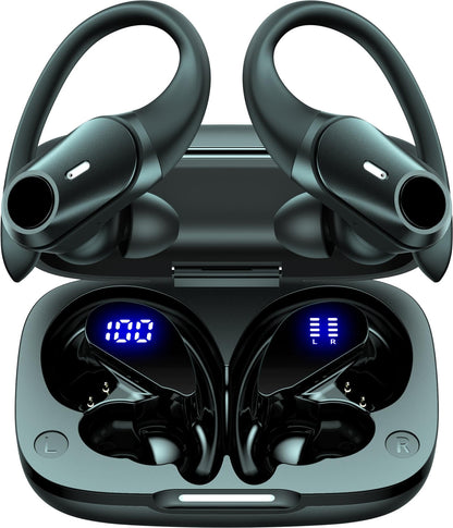 Active Noise Cancelling Earbuds Wireless Bluetooth Headphones 80H Playtime LED Power Display Charging Case Over Ear Hooks Ear Buds with Hi-Res Sound & Clear Calls for Sports Running Gym Workout Black