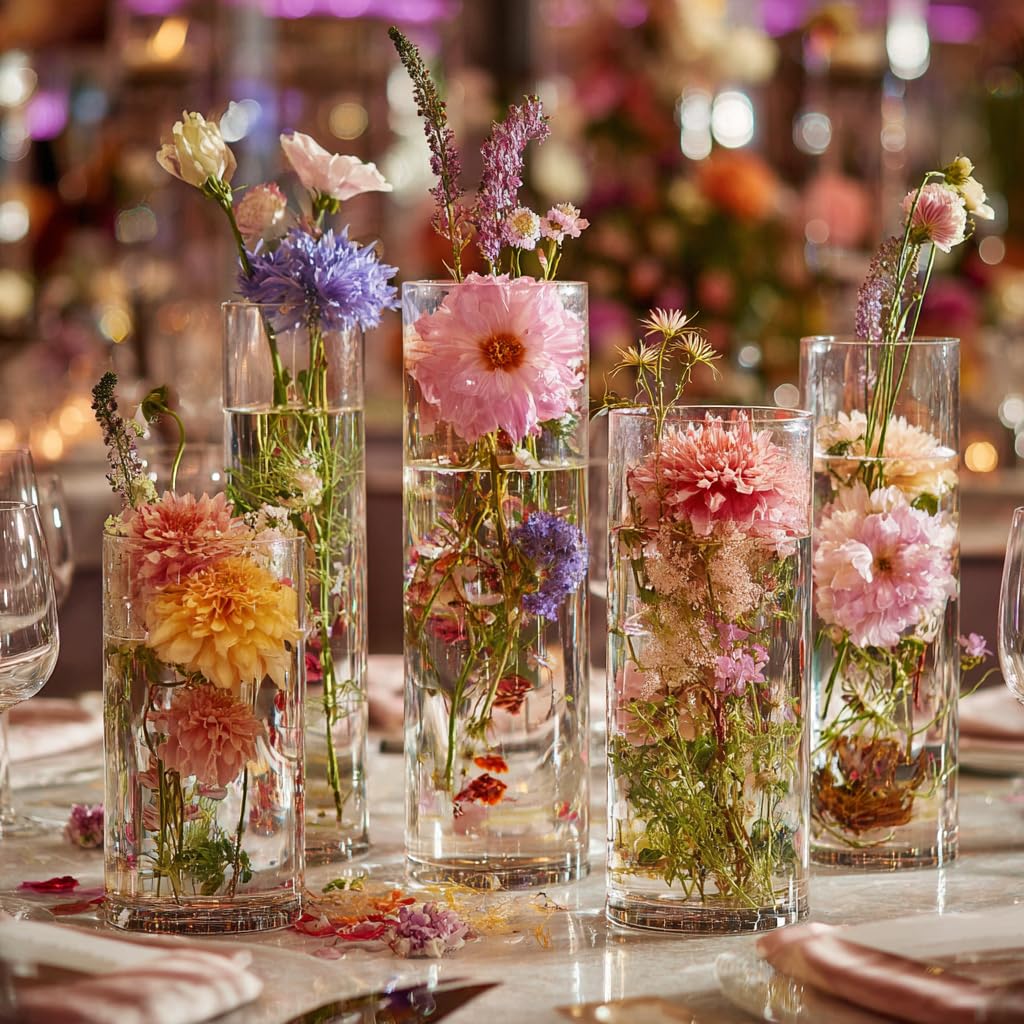 Zomiol 40pcs Glass Vase for Centerpieces, 4,6,7.5,8,10 inch Tall Clear Cylinder Flower Vase Bulk Floating Candle Holder for Wedding Table Home Décor and Party