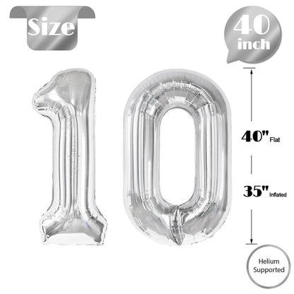 Silver Number 10 Balloon 40 inch, 10 Number Balloons, 10th Silver Birthday Decorations for Girls Boys Kids, 10 Year Old Silver Party Supplies