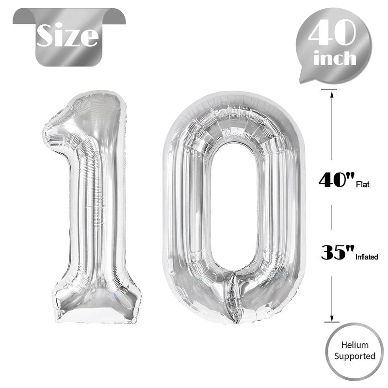 Silver Number 10 Balloon 40 Inch, 10th Birthday Party Decorations for Children, Giant 10 Foil Balloon for Party Supplies