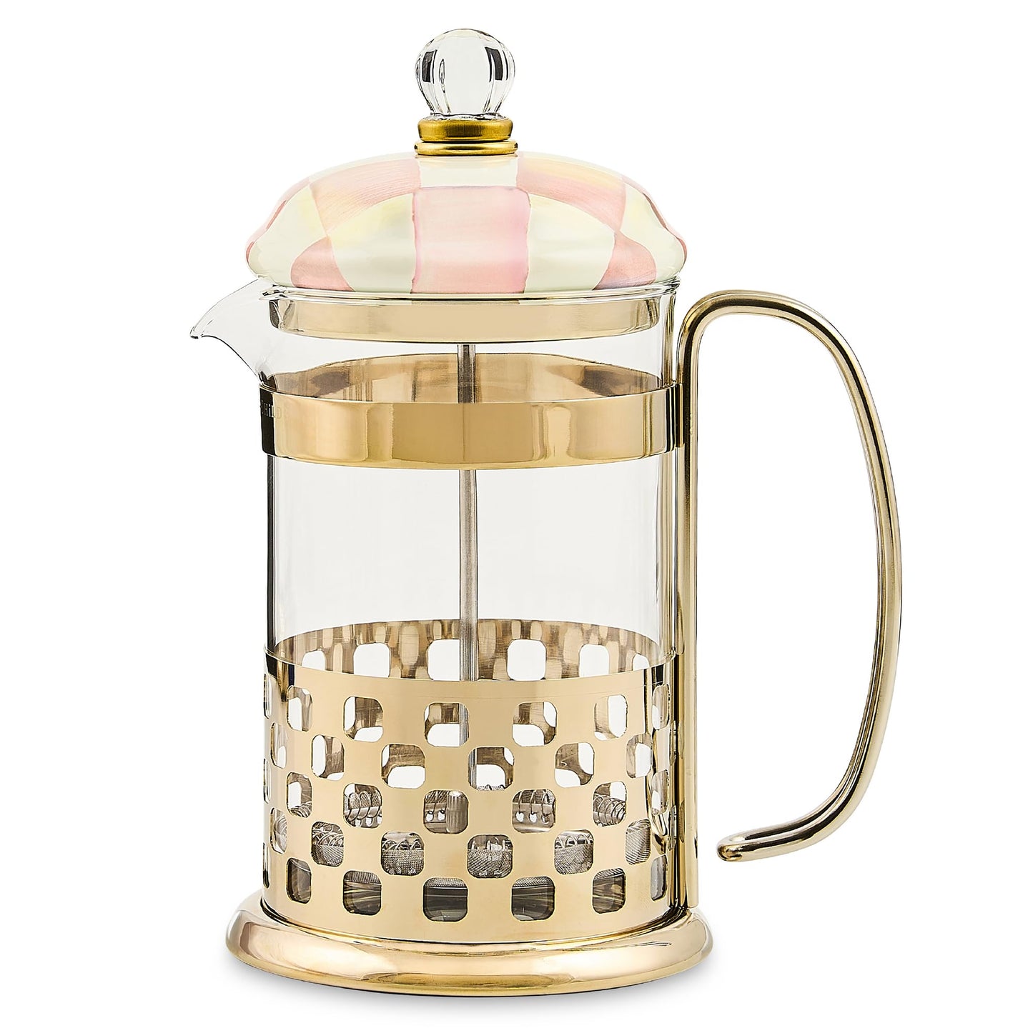 MACKENZIE-CHILDS Coffee French Press, Glass French-Press Coffee Maker, 32-Ounce Capacity, Pink-and-White Rosy Check
