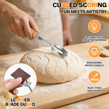 PHILORN 2pcs Set Bread Lame with 10 Stainless Steel Blades, Finger Sleeves and Protective Cover - Sourdough Razor Scorer with Straight & Curved Scoring Knife - Ergonomic Wooden Handle Gift for Bakers
