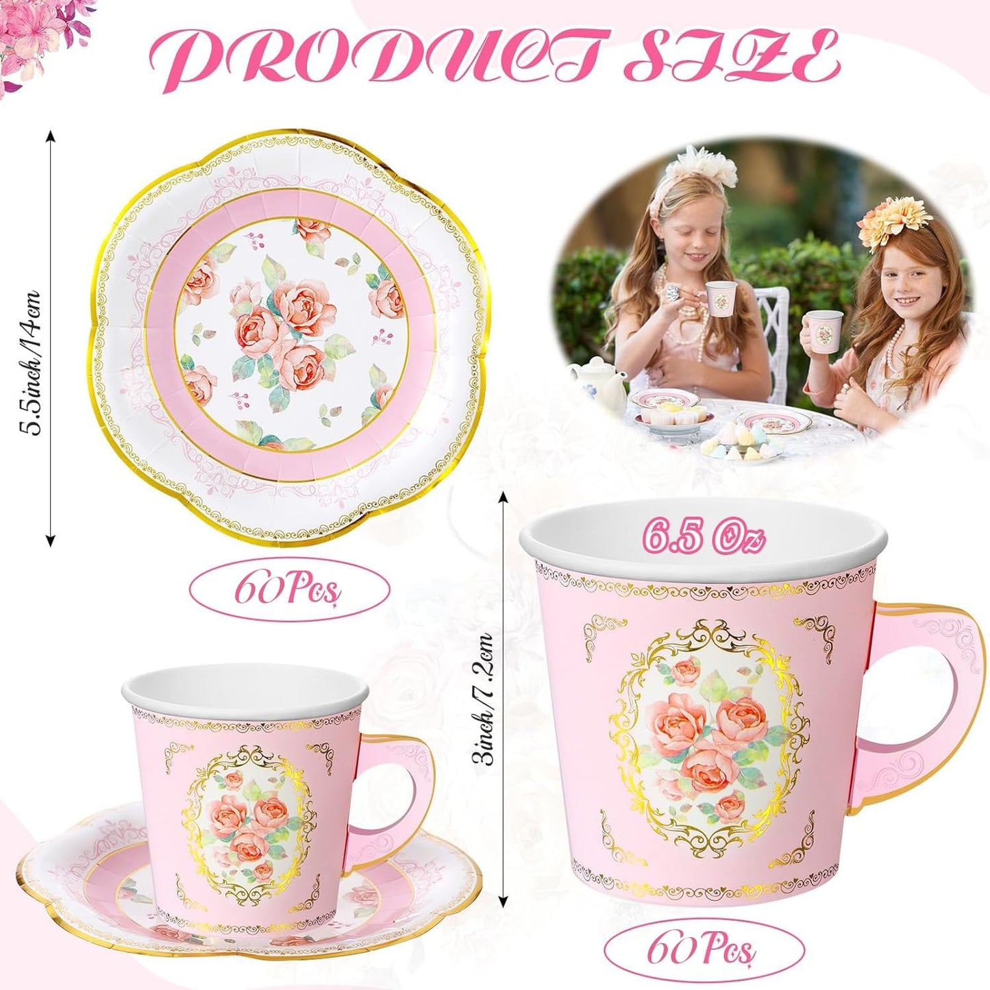 Umigy 60 Sets Tea Party Decorations 6.5oz Floral Paper Tea Cups with Handle and Plates Disposable Blossom Teacups and Saucers Sets with Tape for Hot Cold Drink Birthday (Pink Rustic)