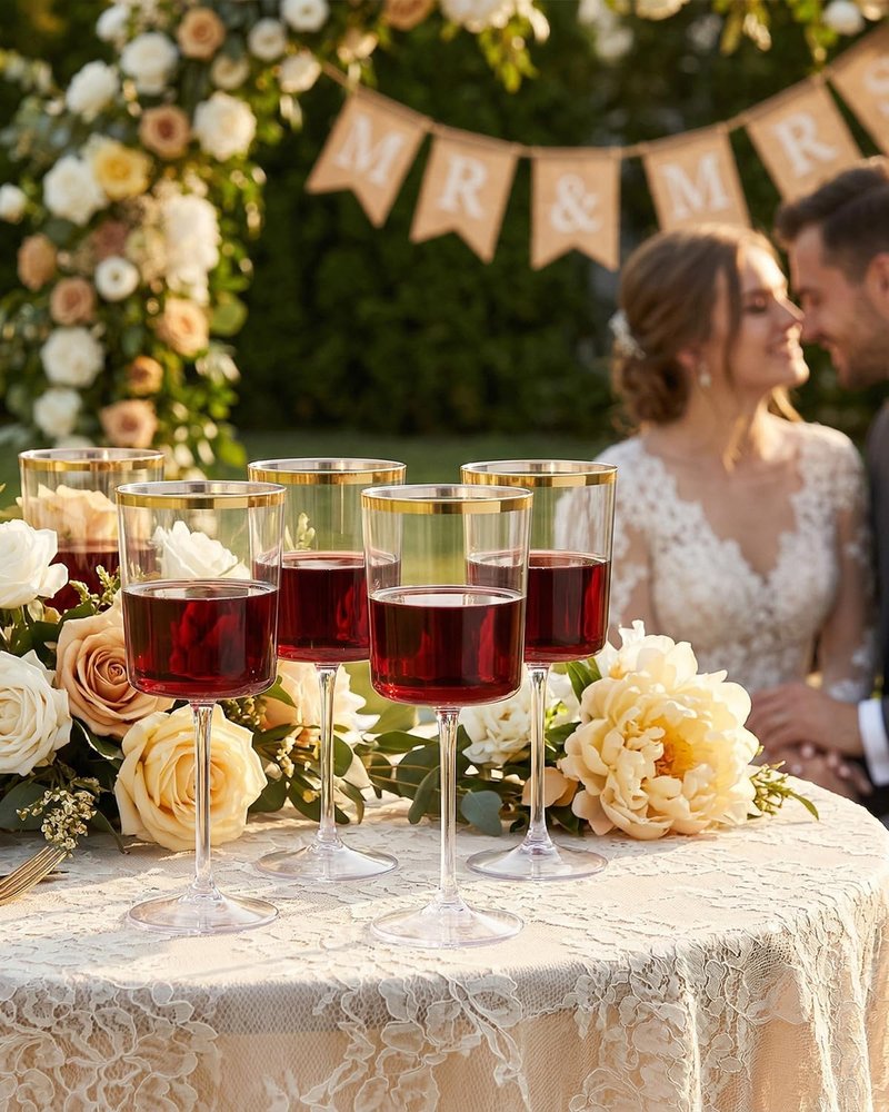 Ciaell 12 Pack 10 Oz Clear Plastic Wine Glasses with Red Stem - Disposable Cocktail Goblets Perfect for Parties & Weddings & Poolside & Outdoors & Camping & Party