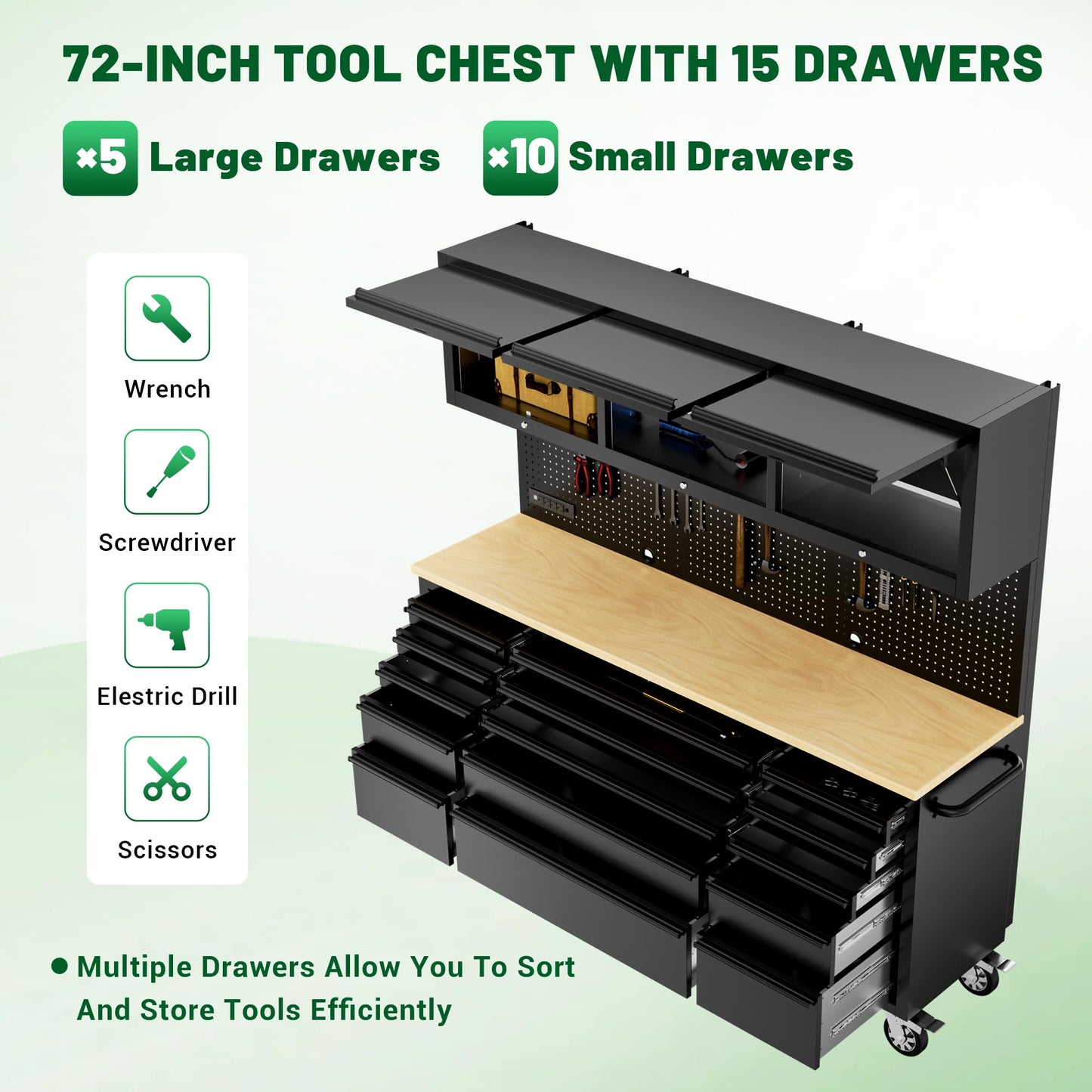 DOMINEVA 72-inch Heavy Duty Tool Chest & Rolling Workbench with 15 Drawers,3 Upper Cabinet,Pegboard & Power Strip, for Garage, Shop, Workshop Use,Black
