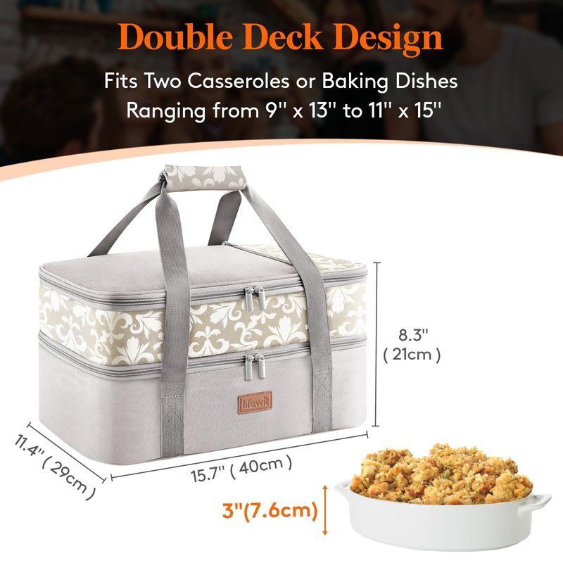 Lifewit Insulated Double Decker Casserole Carrier for Hot or Cold Food, Lasagna Lugger Holder Fits 9" x 13" Baking Dish, Thermal Lunch Tote Bag for Potluck Parties, Picnic and Cookouts, Grey