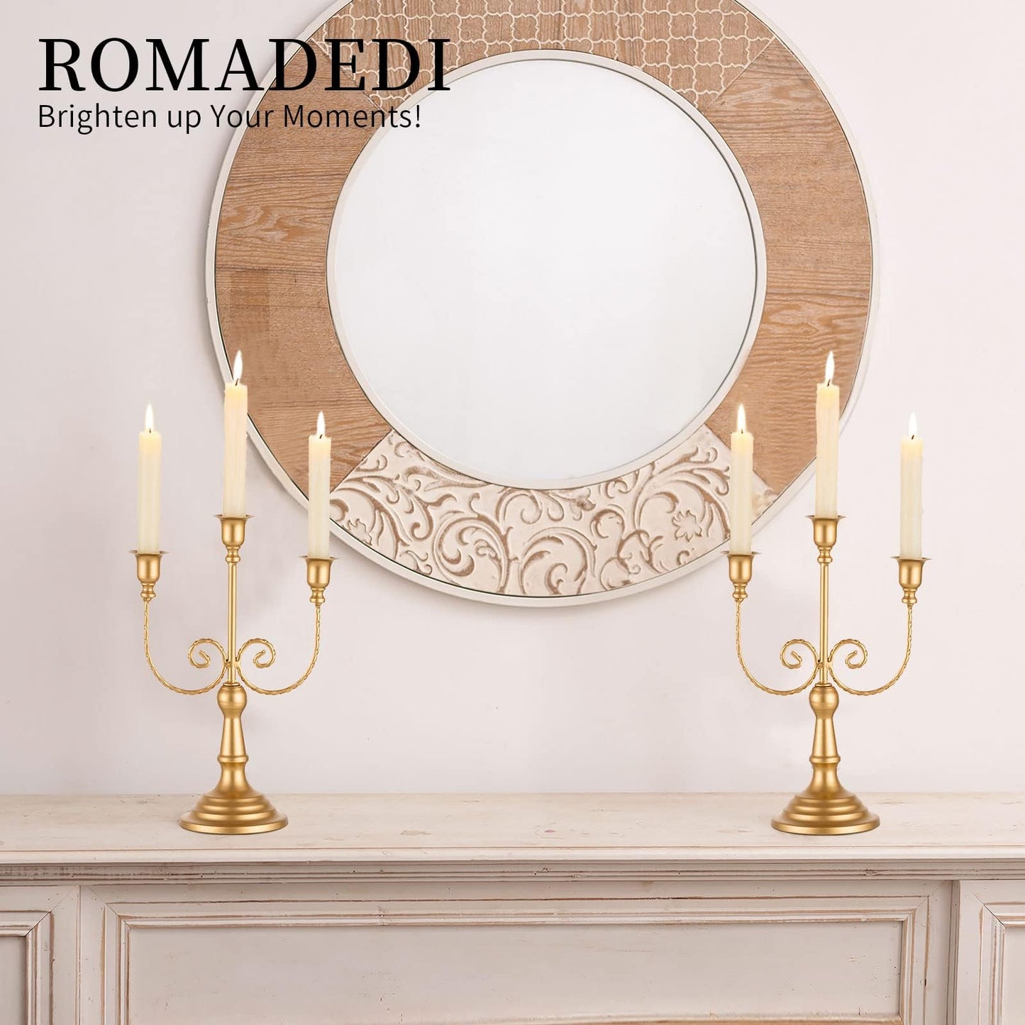 Romadedi Candelabra Gold Candle Holders - 3 Arm 11.8" Wedding Candlestick Holder for Theme Party Table Centerpiece Decor Dining Room Birthday Holiday Christmas