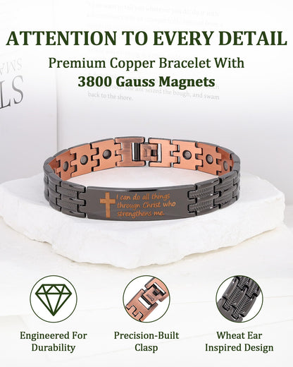 Fashtour Copper Cross Bracelet for Men, Ultra Strength Magnetic Jewelry, Rice-Ear Design Adjustable Copper Biblical Cross Bracelet with Sizing Tool & Box (Black-Philip 4:13)