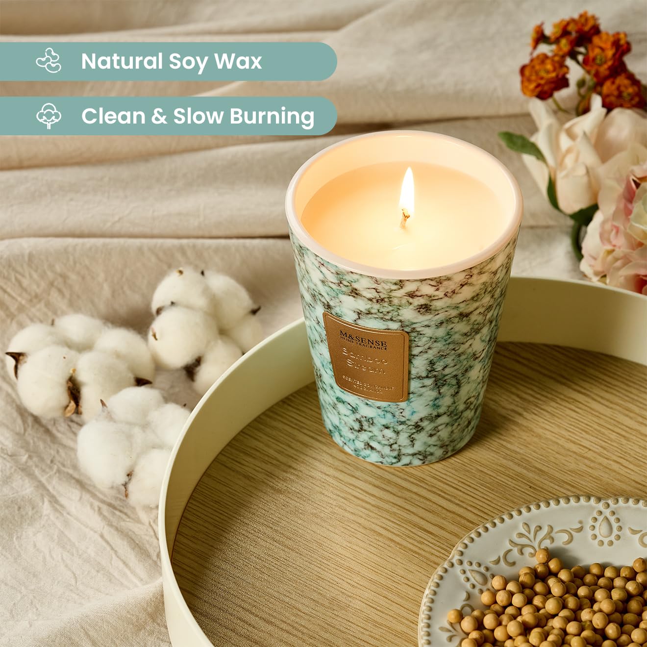 M&SENSE Bamboo StreamScented Soy Candle, 3 Wick Highly Scented 14.1 Oz 75H, Aromatherapy Christmas Gift for Women and Men