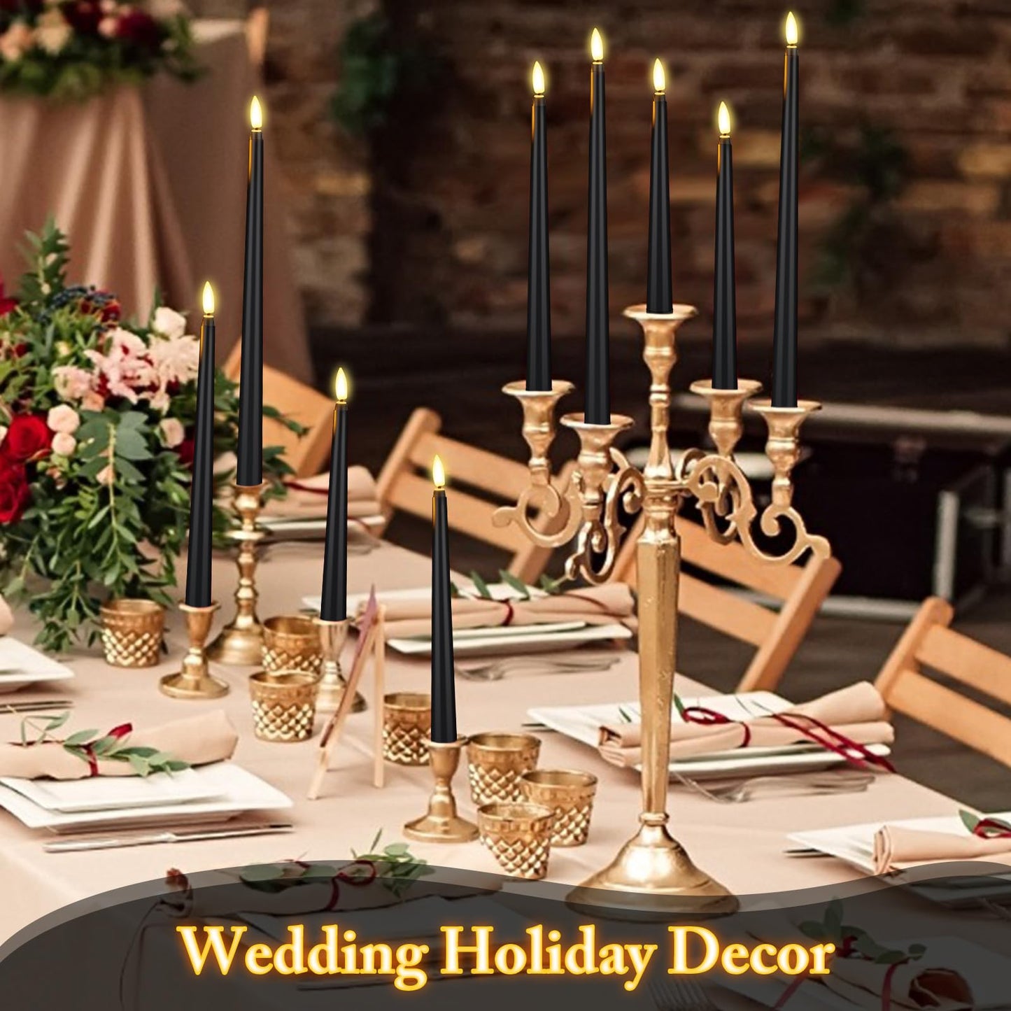 Rossesay 48 Pcs Flameless LED Taper Candles Battery Operated Candles 4 Sizes of 8.5'', 9.65'', 10.83'', 12.8'' Flameless Candlesticks Flickering for Halloween Christmas Church Wedding(Black)