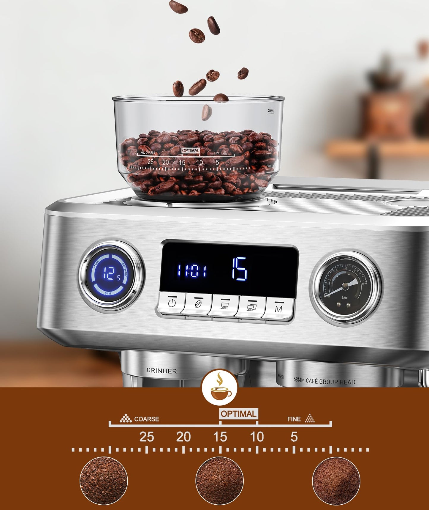 COWSAR Dual Boiler Espresso Machine with Grinder, 20 Bar Espresso Machines with Milk Frother, Espresso Maker with Removable Water Tank, Commercial Expresso Coffee Machines, Brushed Stainless Steel