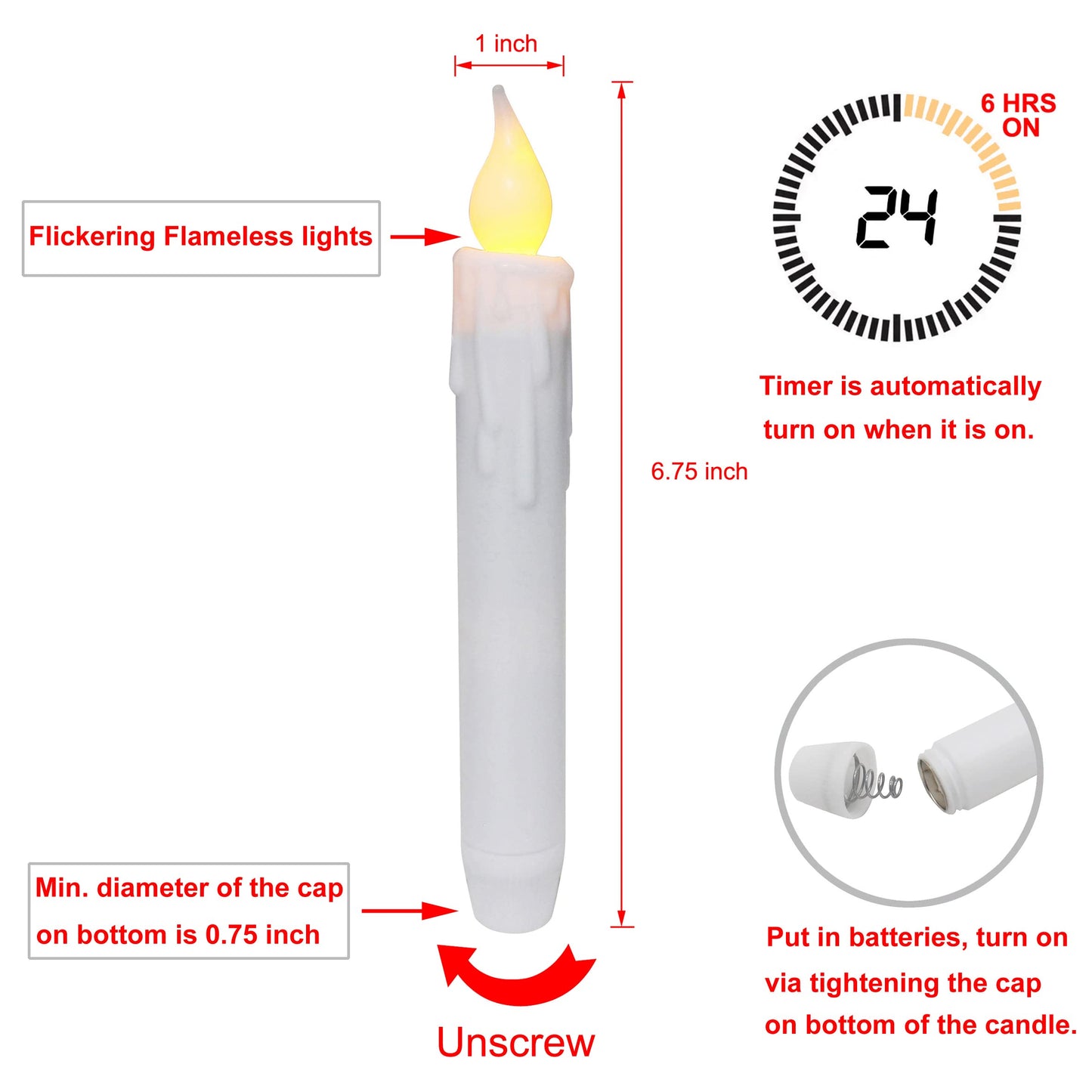 CVHOMEDECO. Flickering Taper Candles LED Drip Flameless Candles, Battery Operated with Timer, White, 6-3/4 Inch, Set of 6
