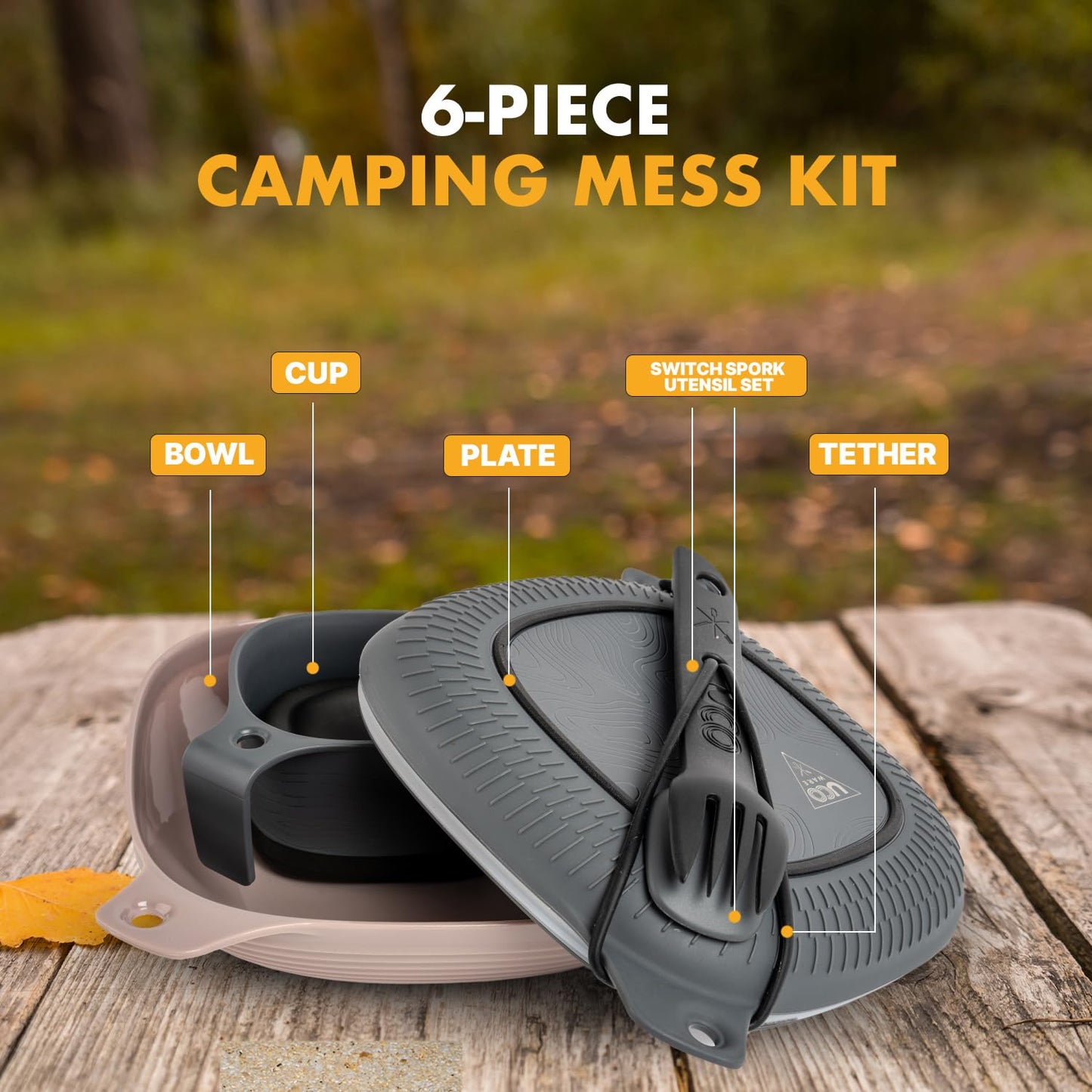 UCO 6-Piece Camping Mess Kit with Bowl, Plate, Camp Cup, and Switch Spork Utensil Set