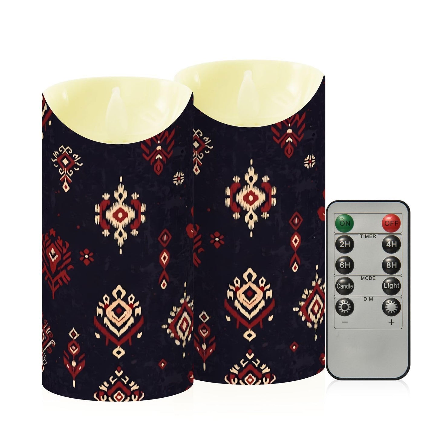 Gravopti Tribal Ikat 2 Pack Flameless LED Pillar Candles with Remote & Timer, Battery Operated, Flickering Wax Candle for Wedding, Romantic Home & Party Decor