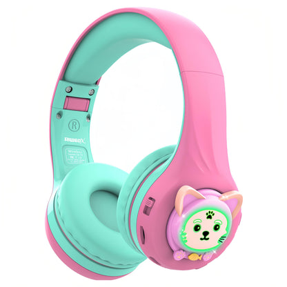 Riwbox CB-7S Kids Wireless Headphones,with Safe Volume Control 74/85/95dB,LED Glow Lights,50H Playtime,Bluetooth V5.3,Built-in Mic, TF Card Slot,for Travel/School/Phone/Laptop (Pink&Green)
