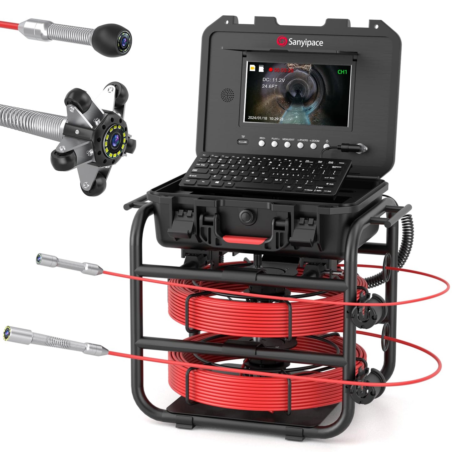 Sanyipace Sewer Camera 100FT/30M with DVR Recorder, Drain Camera with Lights, Pipe Sewer Scope Inspection Camera with IP68 Waterproof Camera Probe, 9" Color Screen, 16GB TF Card, Camera Guide Wheel