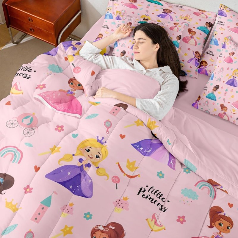 Erosebridal Kids Magical Princess 7 Piece Twin Comforter Set Bed in a Bag, Girly Cute Castle Microfiber Bedding for Sofa, Cartoon Rainbow Fitted Sheets Set for Kids Girls, Pink Princess Bed Set
